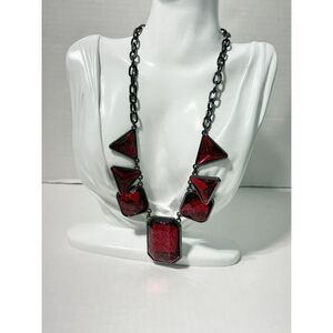 Geometric Statement‎ Necklace Gunmetal Red Gemstone Matinee 20 Inch Chunky